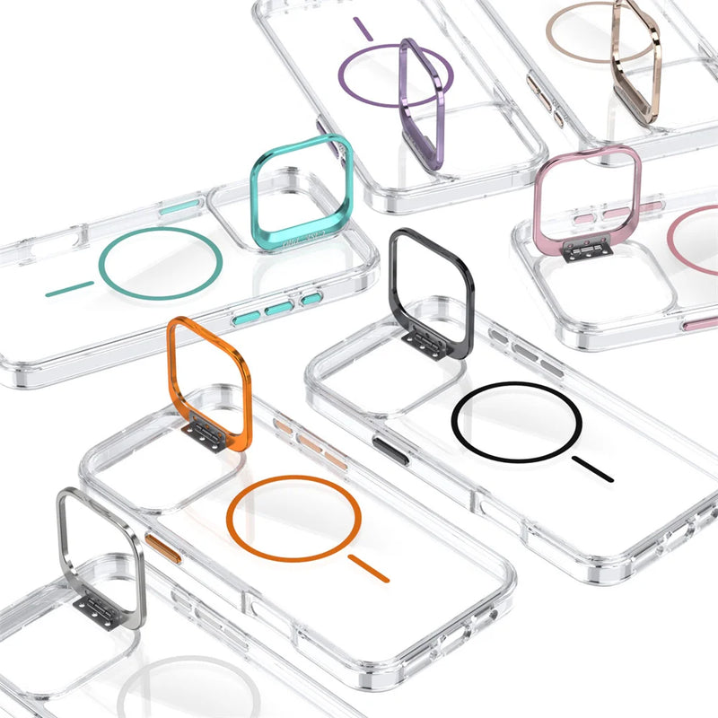 Original For Magsafe Invisible Lens Stand Holder Phone Case For iPhone 14 15 16 17 Pro Max Plus 16E 13 12 11 Clear Acrylic Cover
