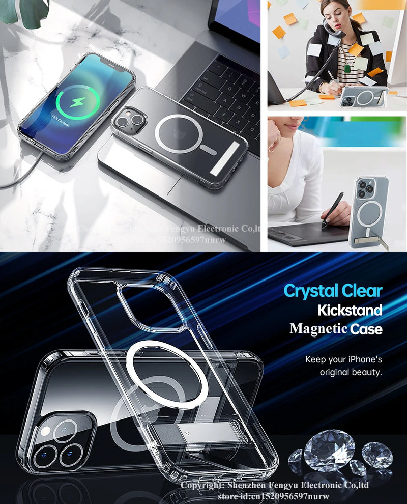 Stand Clear Magnetic Phone Case for iPhone 17 Pro Max Air 13 12 Mini 16 15 14 11 Cases with Kickstand Transparent Holder Cover