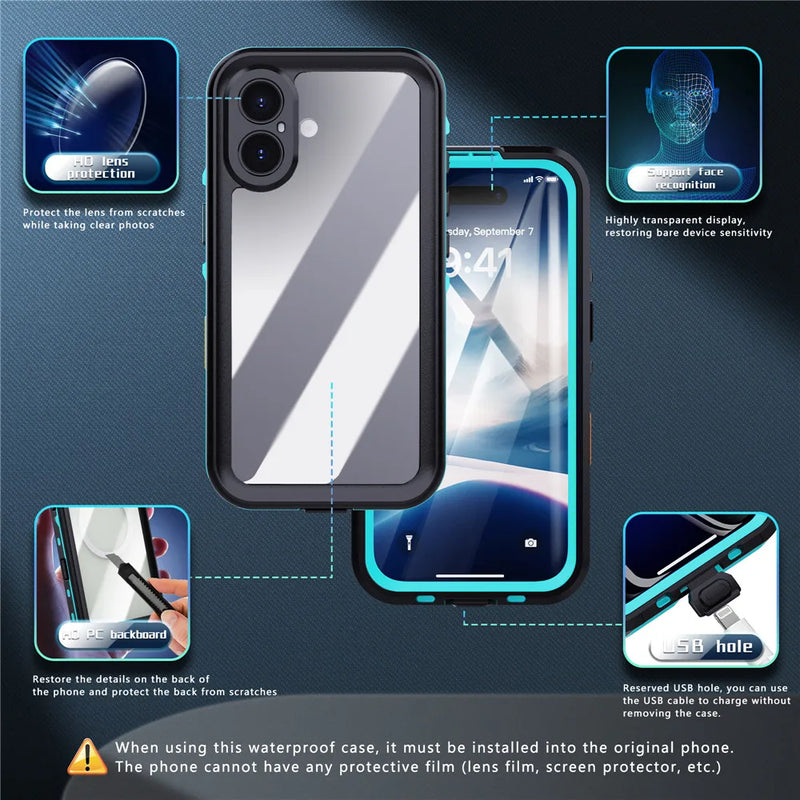 IP68 Clear Waterproof Case for iPhone 17 16 15 14 13 12 11 Pro Max mini XR XS X Dustproof Shockproof Diving Underwater Cases