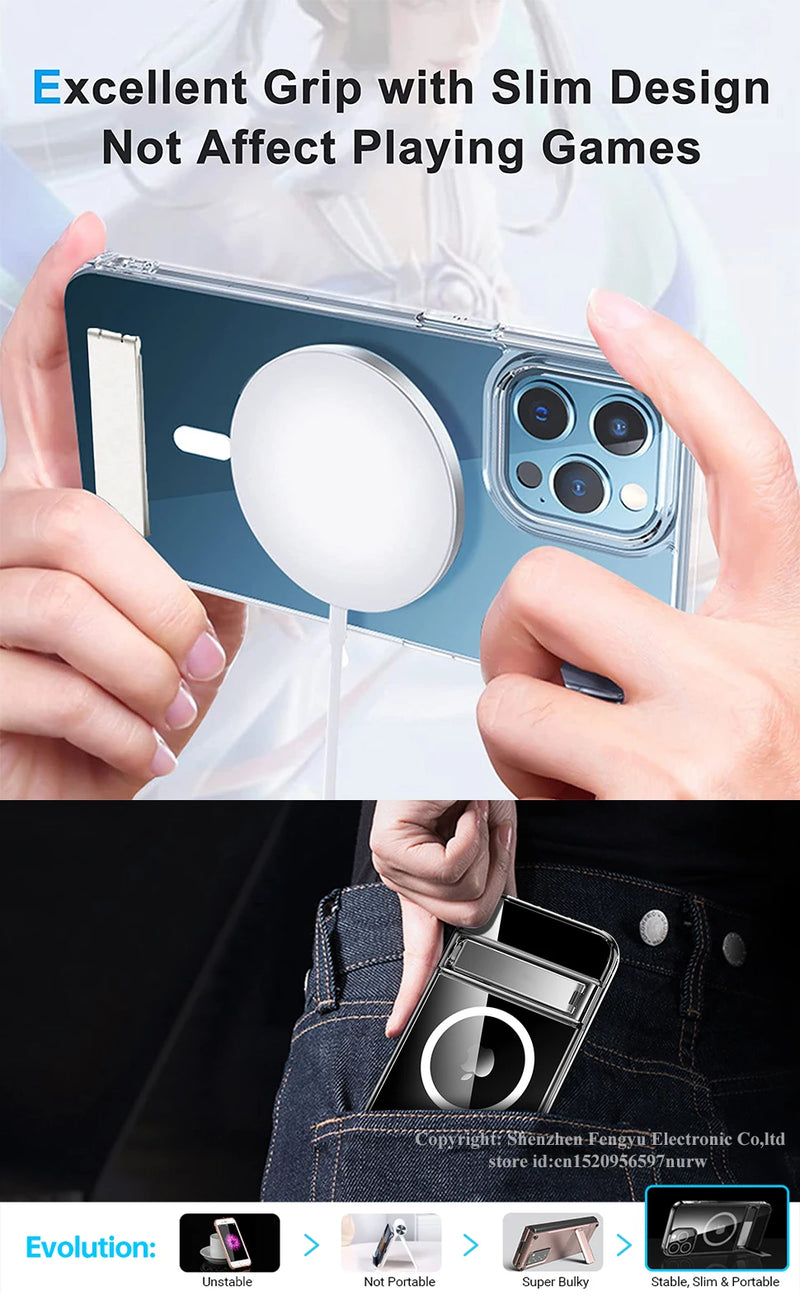 Stand Clear Magnetic Phone Case for iPhone 17 Pro Max Air 13 12 Mini 16 15 14 11 Cases with Kickstand Transparent Holder Cover