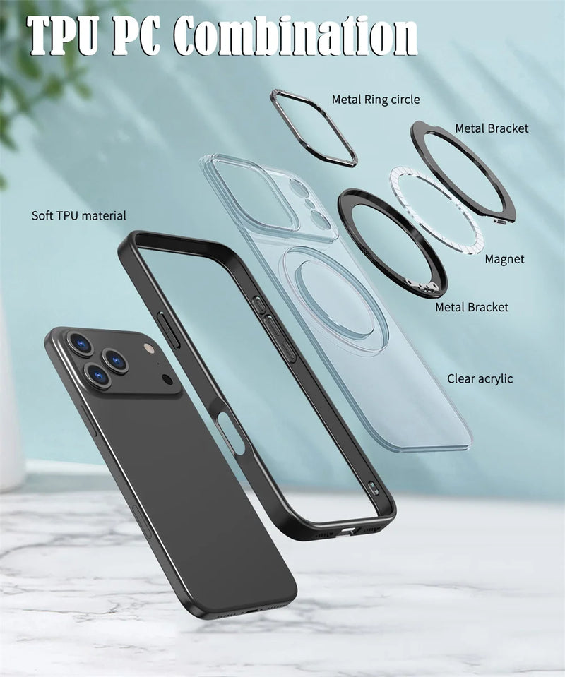 Luxury Rotating Magnet Ring Fold Stand Phone Case For iPhone 17 Air 15 16 Pro Max 14 13 12 11 Lens Protector Clear Acrylic Cover