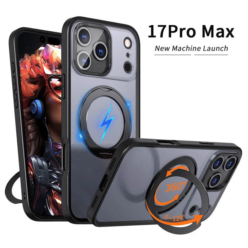 Luxury Rotating Magnet Ring Fold Stand Phone Case For iPhone 17 Air 15 16 Pro Max 14 13 12 11 Lens Protector Clear Acrylic Cover