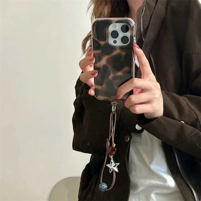 Fashion Amber Pattern Phone Case For iPhone 17 Pro 15 14 16 Pro Max Cover with Hand Rope Chain Shockproof Cute Cases 16Pro Funda