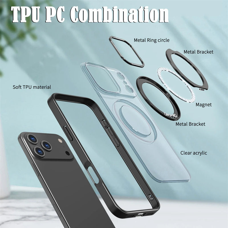 Luxury Rotating Magnet Ring Fold Stand Phone Case For iPhone 17 Air 15 16 Pro Max 14 13 12 11 Lens Protector Clear Acrylic Cover