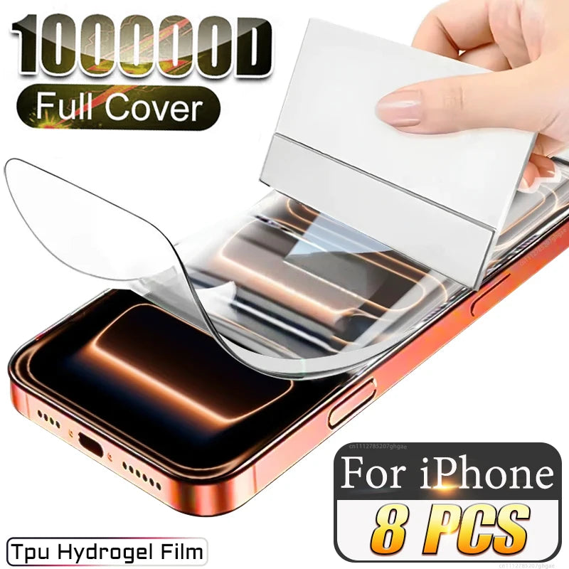 8Pcs Full Cover TPU Hydrogel Film For iPhone 17 16 Pro Max Screen Protector iPhone 14 15 Plus iPhone17 Air 13 12 16E 100000D