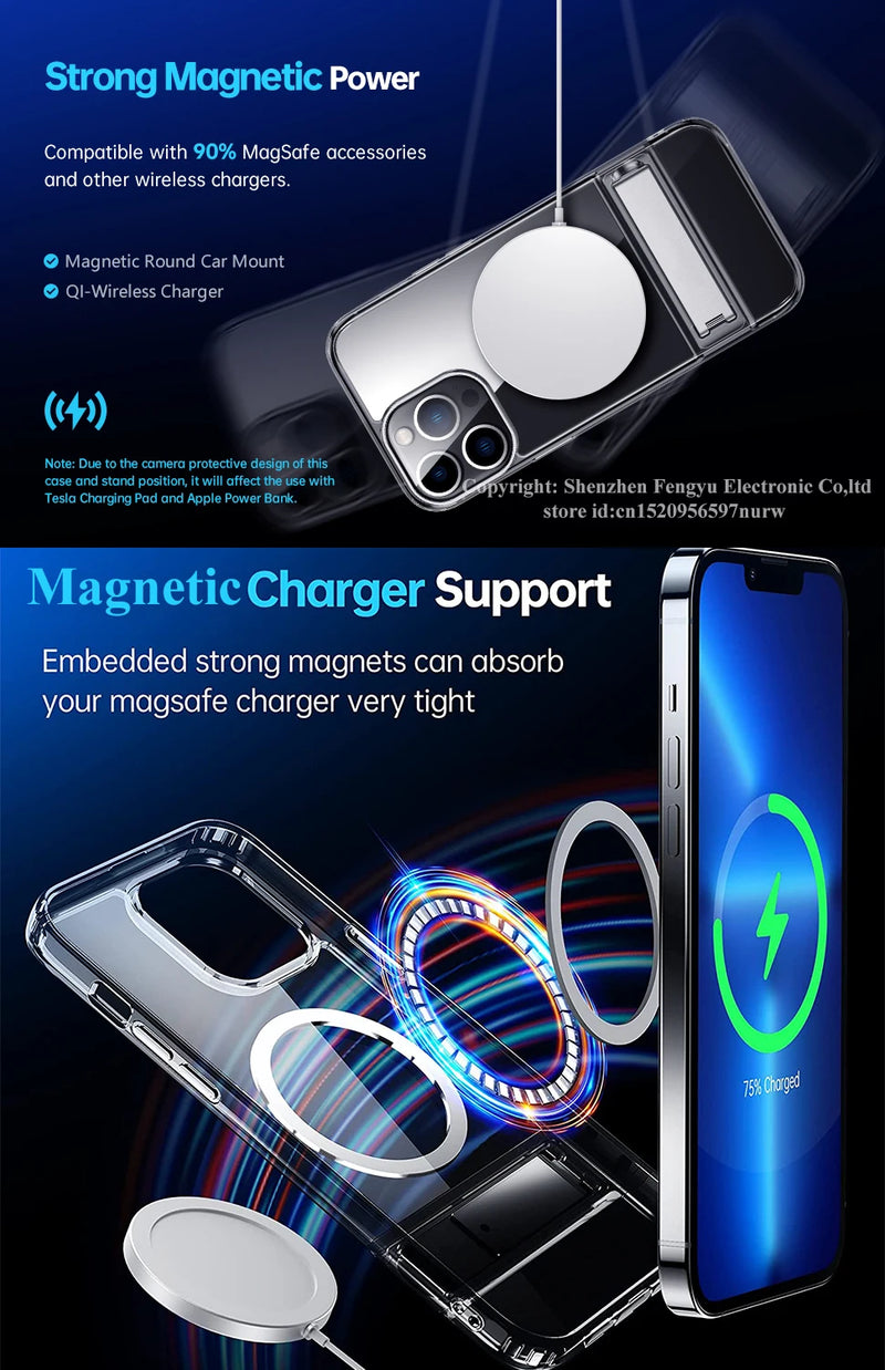 Stand Clear Magnetic Phone Case for iPhone 17 Pro Max Air 13 12 Mini 16 15 14 11 Cases with Kickstand Transparent Holder Cover