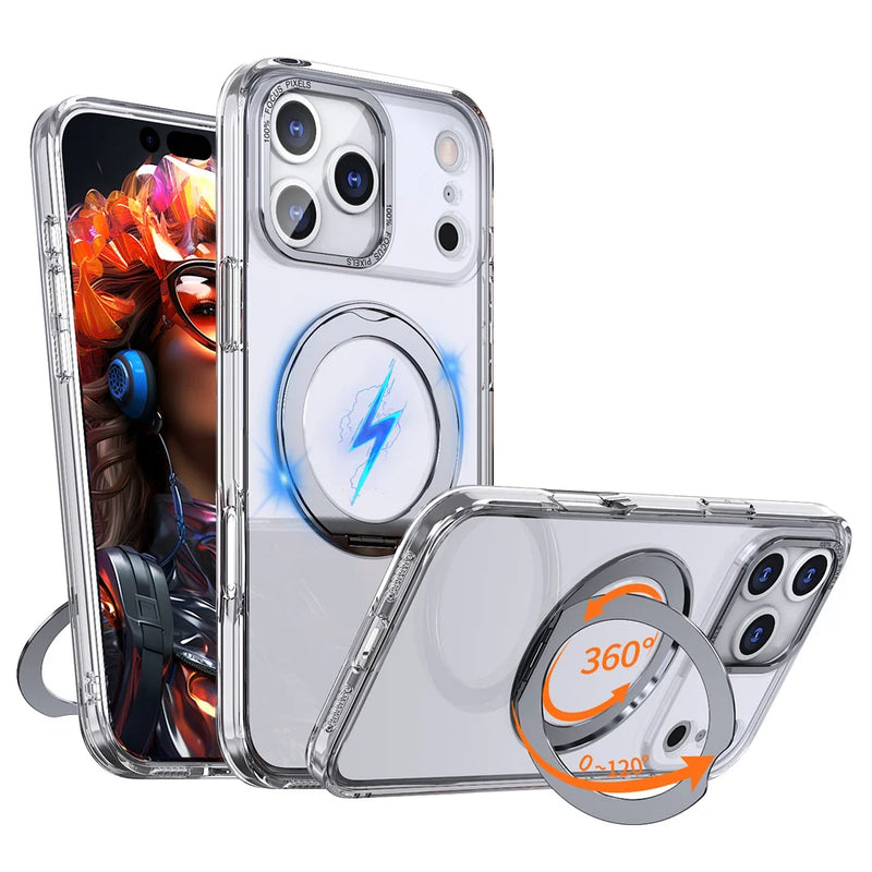 Luxury Rotating Magnet Ring Fold Stand Phone Case For iPhone 17 Air 15 16 Pro Max 14 13 12 11 Lens Protector Clear Acrylic Cover