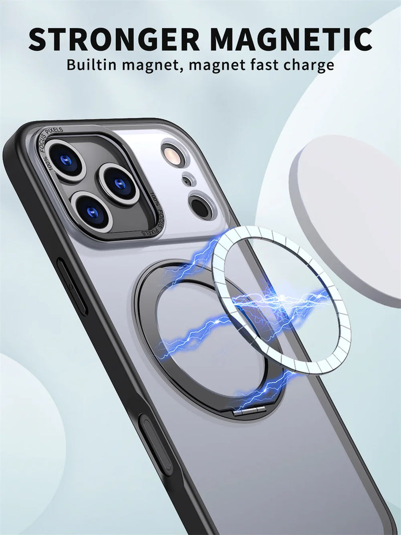 Luxury Rotating Magnet Ring Fold Stand Phone Case For iPhone 17 Air 15 16 Pro Max 14 13 12 11 Lens Protector Clear Acrylic Cover